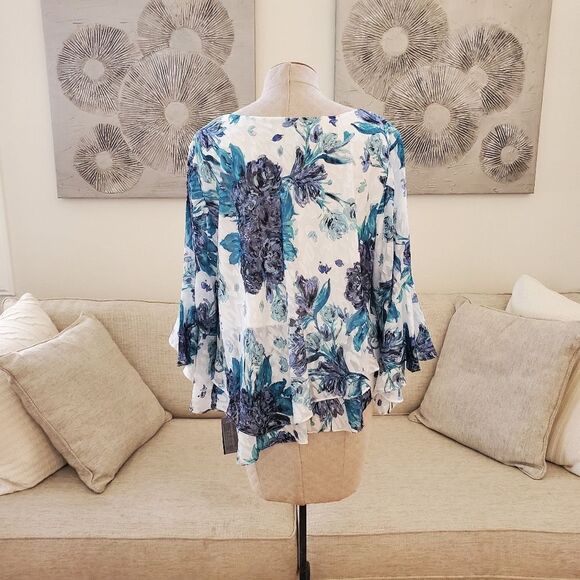 ALEX EVENINGS | Ruffle Bell Sleeve Chiffon Floral Blouse - [1X, Ivory/Teal/Blue] - Picture 7 of 11
